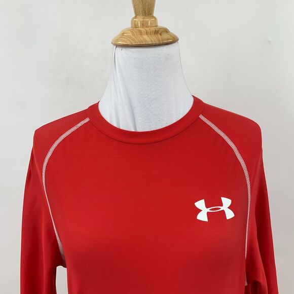 Under Armour Compression T Shirt Women M Red 1/2 Sleeve Fitted Stretch Training - Picture 3 of 12